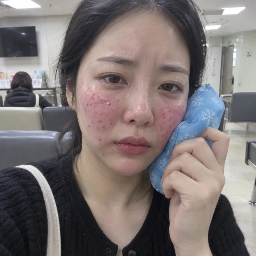Mulher com o rosto vermelho e cheio de pontinhos depois das injeções