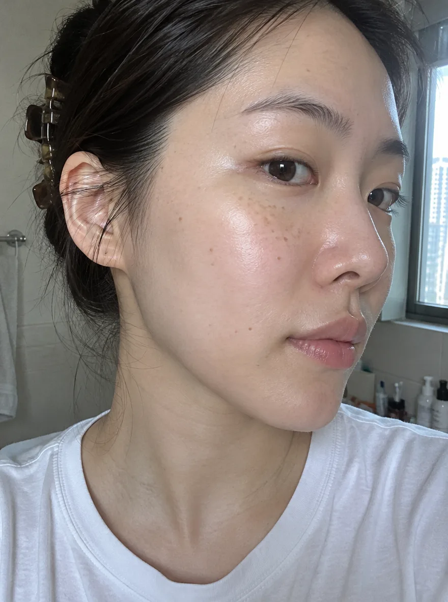 Coreana de uns 30 anos com a pele de vidro, sem maquiagem, no banheiro de casa