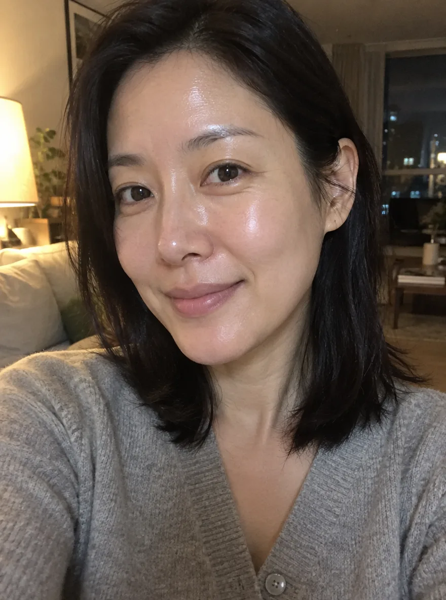 Coreana de uns 40 anos com a pele de vidro, sem maquiagem, em casa à noite
