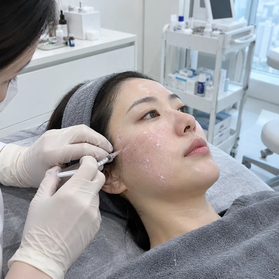 Mulher recebendo skin booster de PDRN numa clínica em Seul